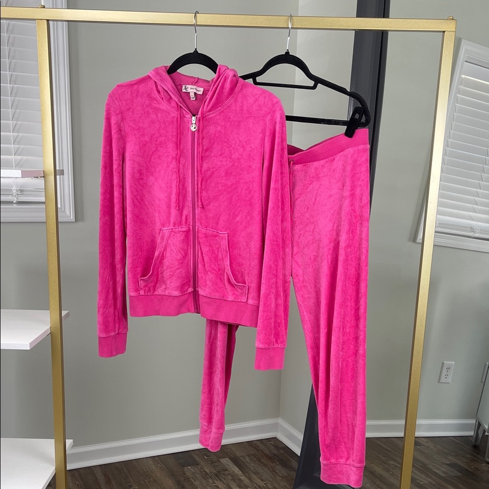 Juicy Couture Hot Pink Velour Hooded Zip Loungewear Set Size L